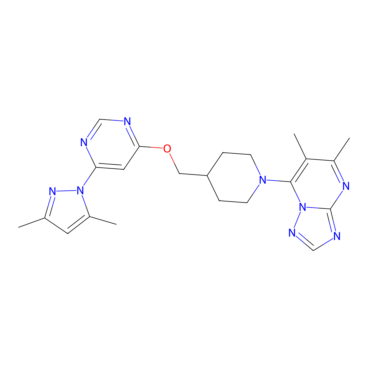4-(3,5-dimethyl-1H-pyrazol-1-yl)-6-[(1-{5,6-dimethyl-[1,2,4]triazolo[1,5-a]pyrimidin-7-yl}piperidin-4-yl)methoxy]pyrimidine molecular structure, CAS 2380067-89-8