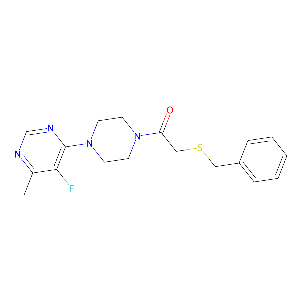 2-(Benzylsulfanyl)-1-[4-(5-fluoro-6-methylpyrimidin-4-yl)piperazin-1-yl]ethan-1-one molecular structure, CAS 2380068-20-0