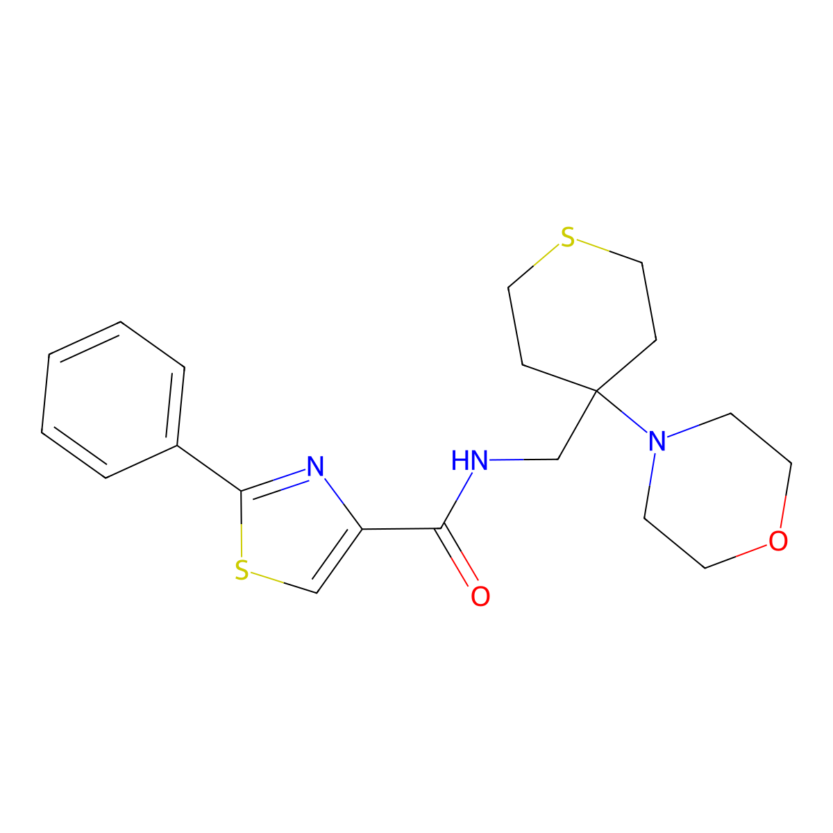 N-{[4-(morpholin-4-yl)thian-4-yl]methyl}-2-phenyl-1,3-thiazole-4-carboxamide molecular structure, CAS 2380068-27-7