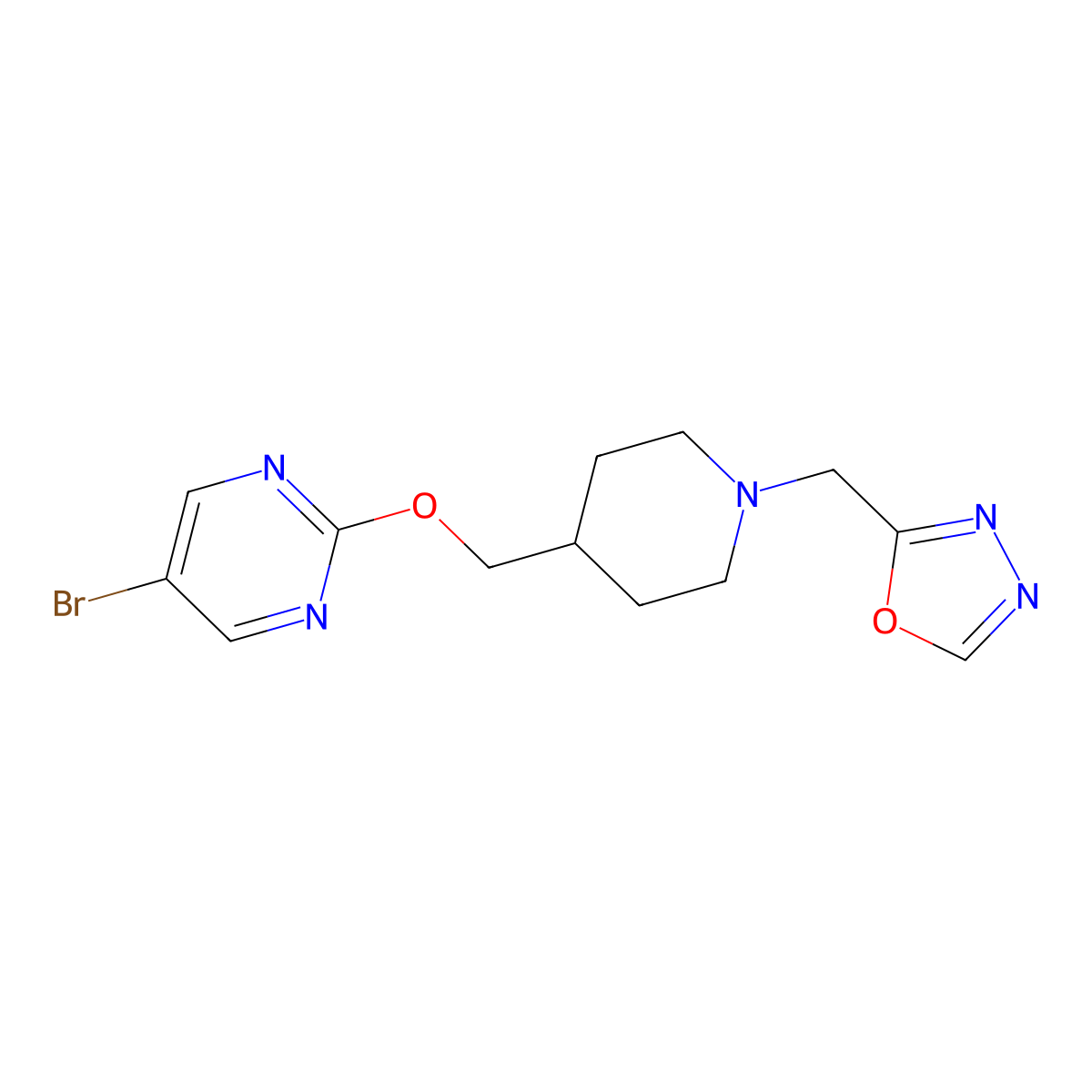 5-Bromo-2-({1-[(1,3,4-oxadiazol-2-yl)methyl]piperidin-4-yl}methoxy)pyrimidine molecular structure, CAS 2380068-36-8