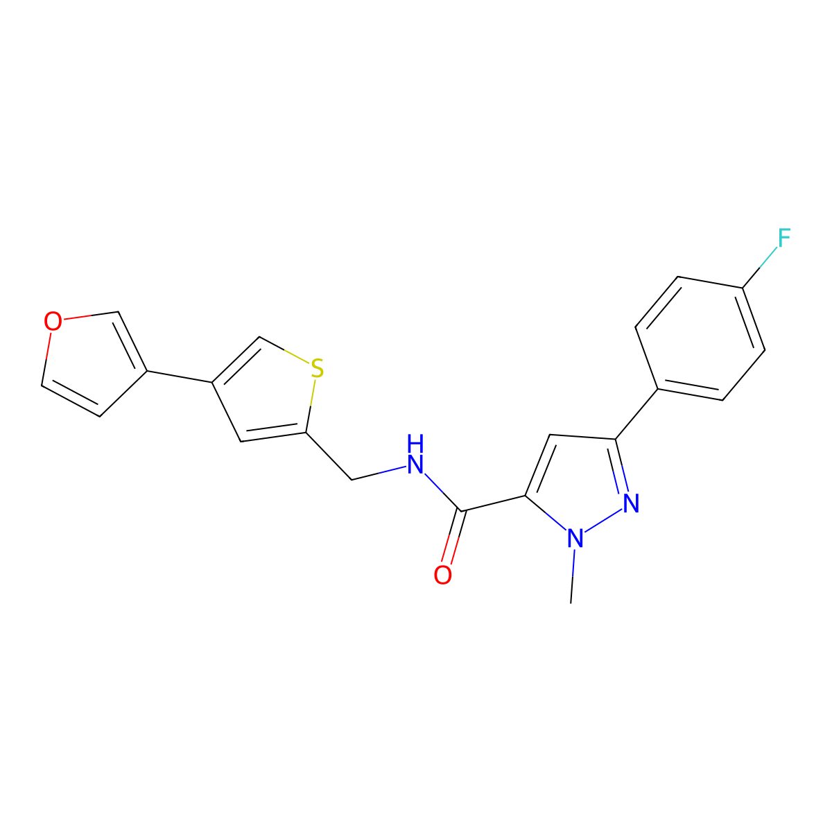 3-(4-fluorophenyl)-N-{[4-(furan-3-yl)thiophen-2-yl]methyl}-1-methyl-1H-pyrazole-5-carboxamide molecular structure, CAS 2380068-44-8