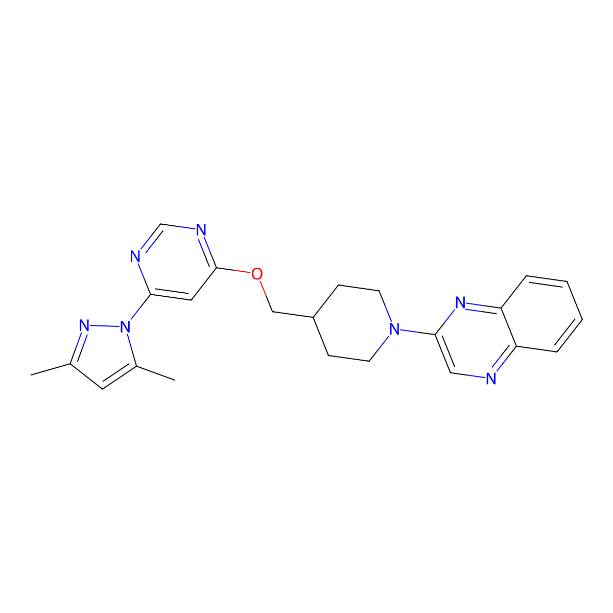 2-[4-({[6-(3,5-dimethyl-1H-pyrazol-1-yl)pyrimidin-4-yl]oxy}methyl)piperidin-1-yl]quinoxaline molecular structure, CAS 2380068-45-9