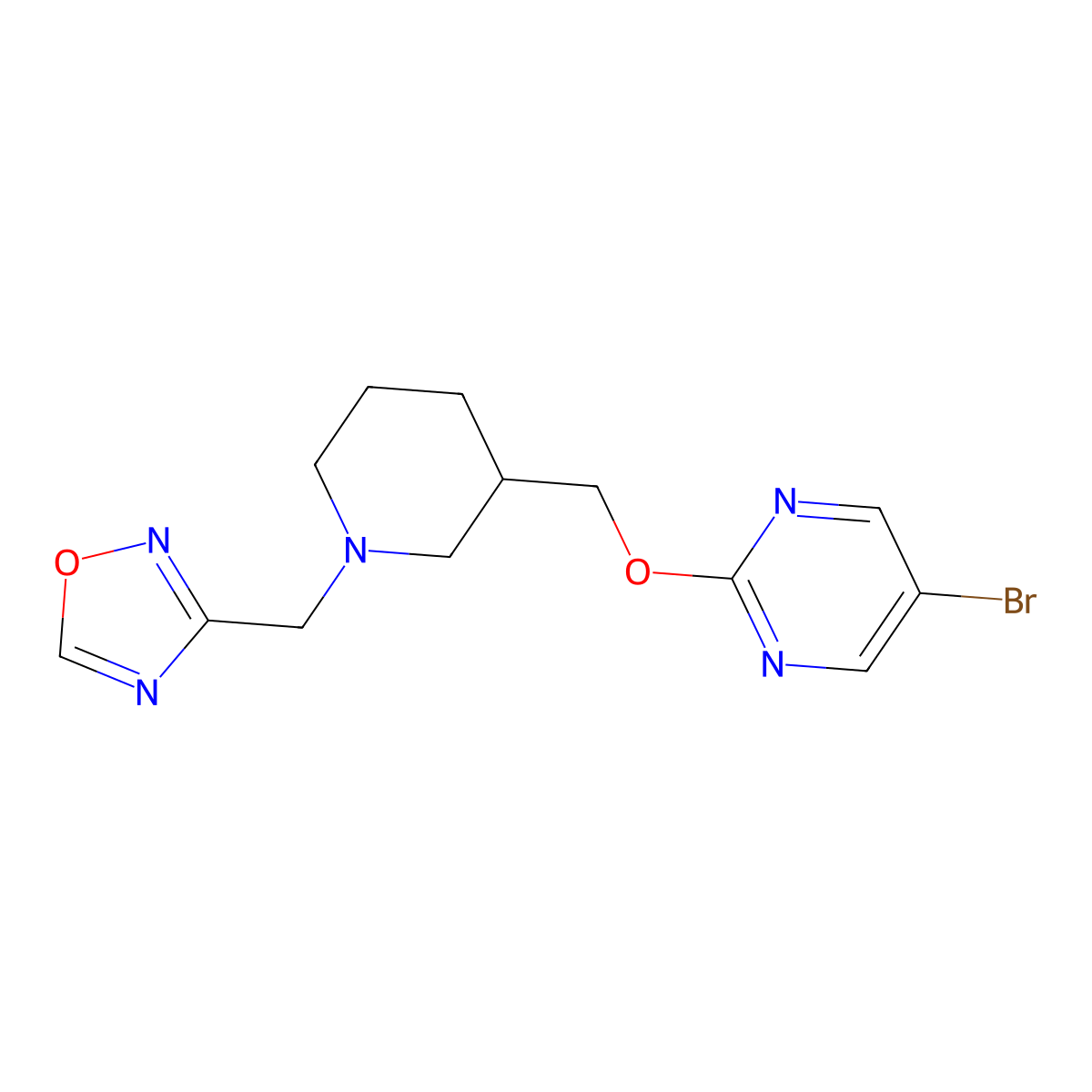 5-Bromo-2-({1-[(1,2,4-oxadiazol-3-yl)methyl]piperidin-3-yl}methoxy)pyrimidine molecular structure, CAS 2380068-48-2