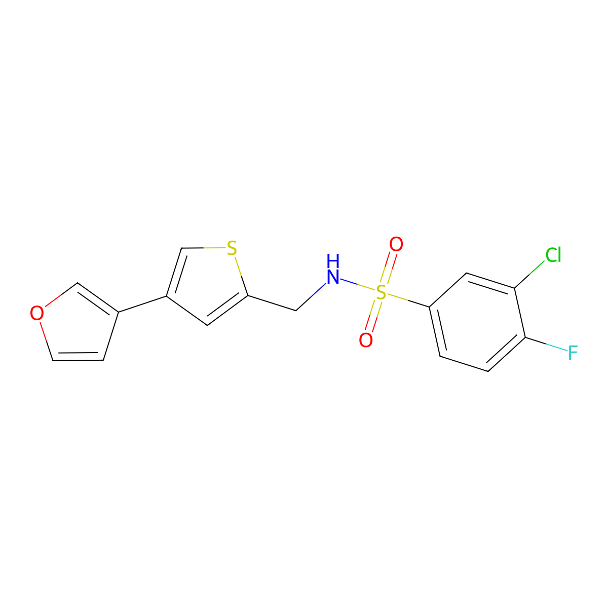 3-chloro-4-fluoro-N-{[4-(furan-3-yl)thiophen-2-yl]methyl}benzene-1-sulfonamide molecular structure, CAS 2380068-56-2