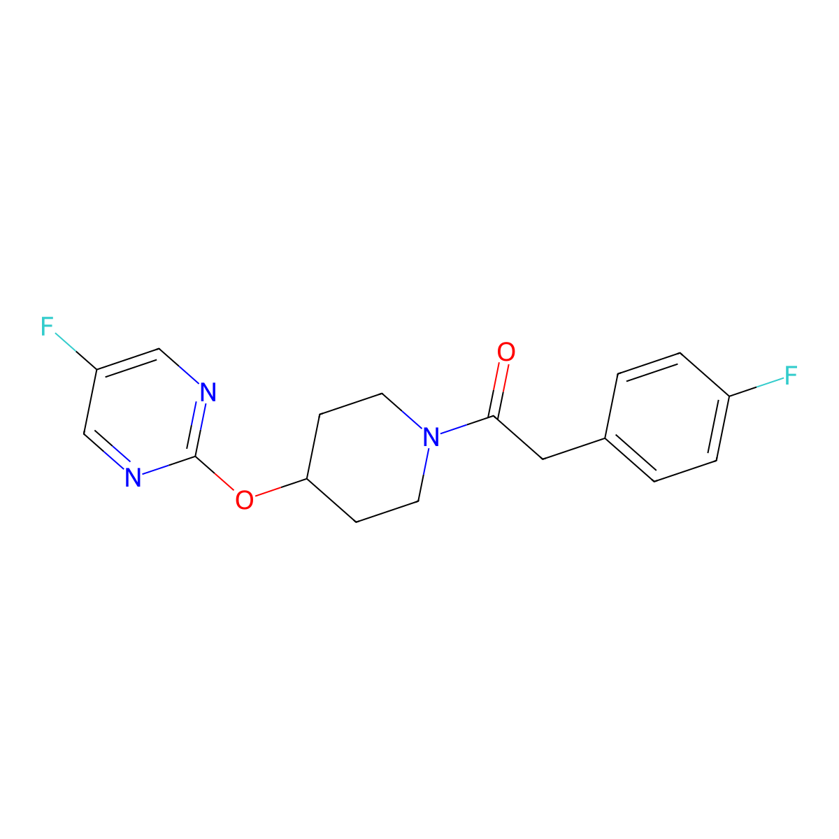 2-(4-Fluorophenyl)-1-{4-[(5-fluoropyrimidin-2-yl)oxy]piperidin-1-yl}ethan-1-one molecular structure, CAS 2380068-62-0