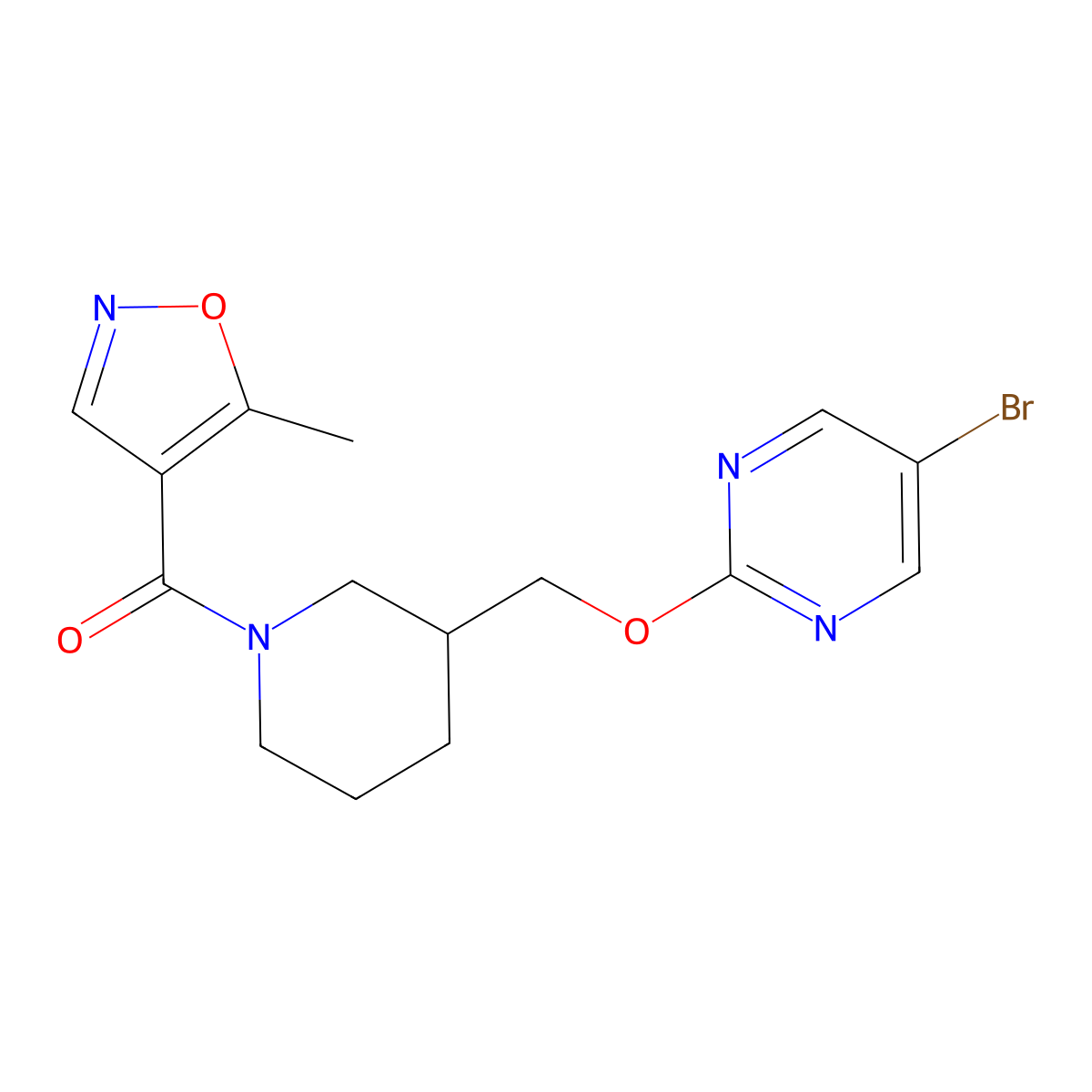 5-Bromo-2-{[1-(5-methyl-1,2-oxazole-4-carbonyl)piperidin-3-yl]methoxy}pyrimidine molecular structure, CAS 2380068-77-7