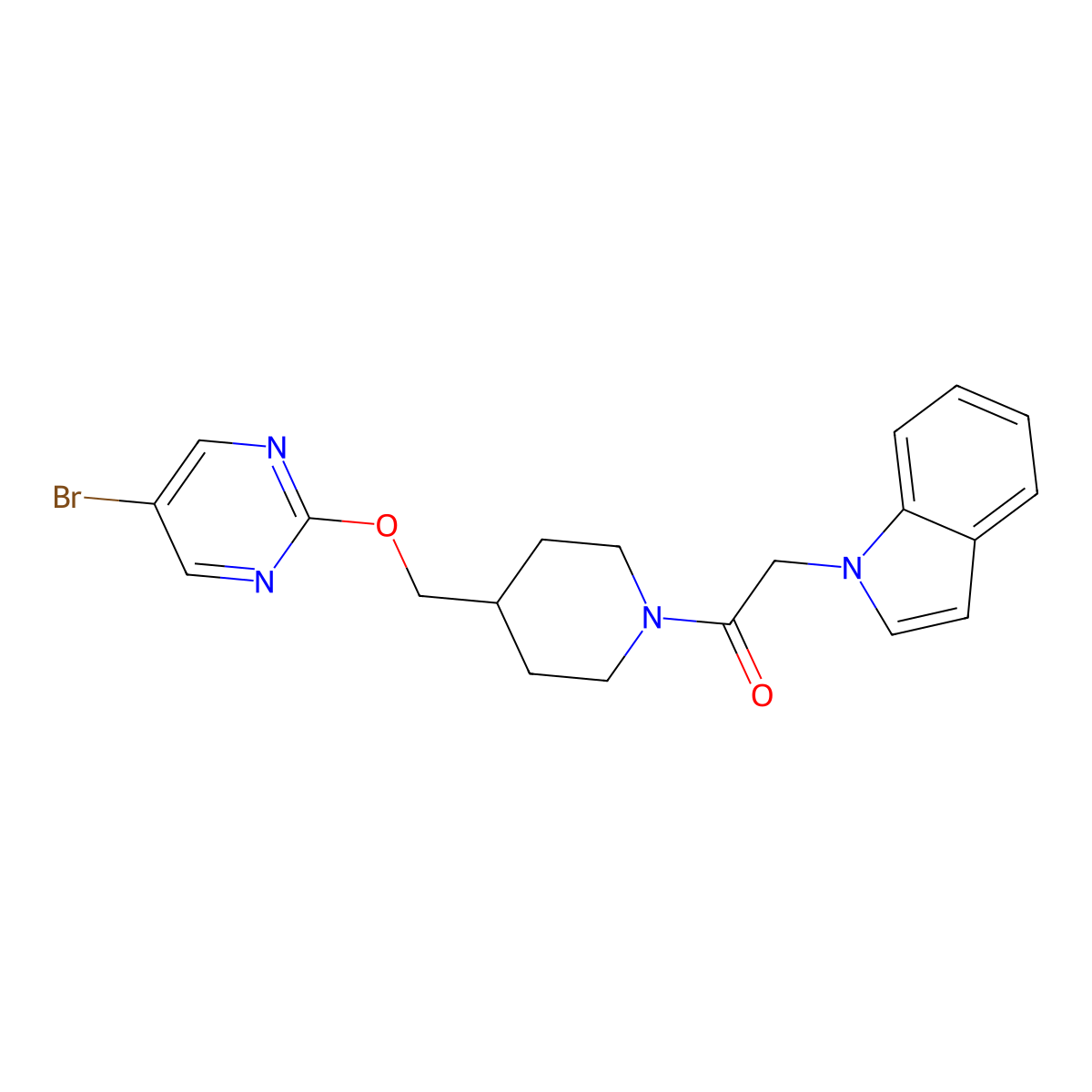1-(4-{[(5-bromopyrimidin-2-yl)oxy]methyl}piperidin-1-yl)-2-(1H-indol-1-yl)ethan-1-one molecular structure, CAS 2380068-82-4