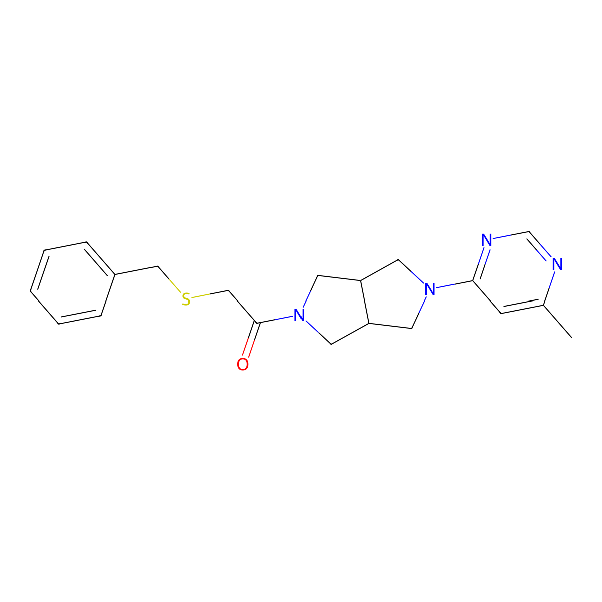 2-(Benzylsulfanyl)-1-[5-(6-methylpyrimidin-4-yl)-octahydropyrrolo[3,4-c]pyrrol-2-yl]ethan-1-one molecular structure, CAS 2380068-85-7