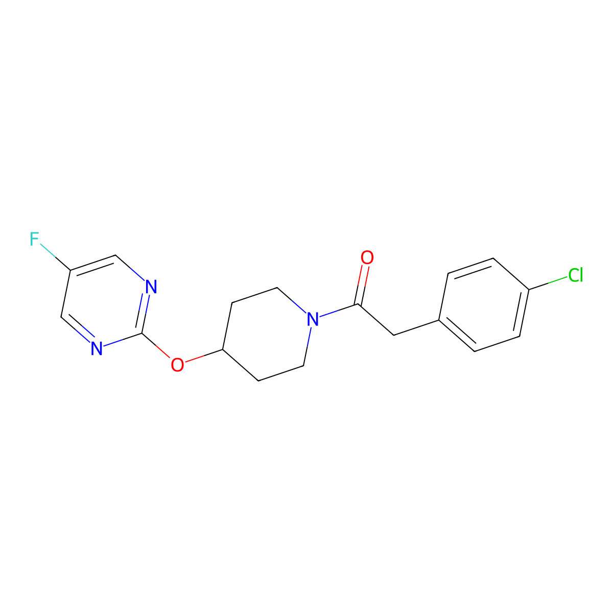 2-(4-Chlorophenyl)-1-{4-[(5-fluoropyrimidin-2-yl)oxy]piperidin-1-yl}ethan-1-one molecular structure, CAS 2380068-87-9