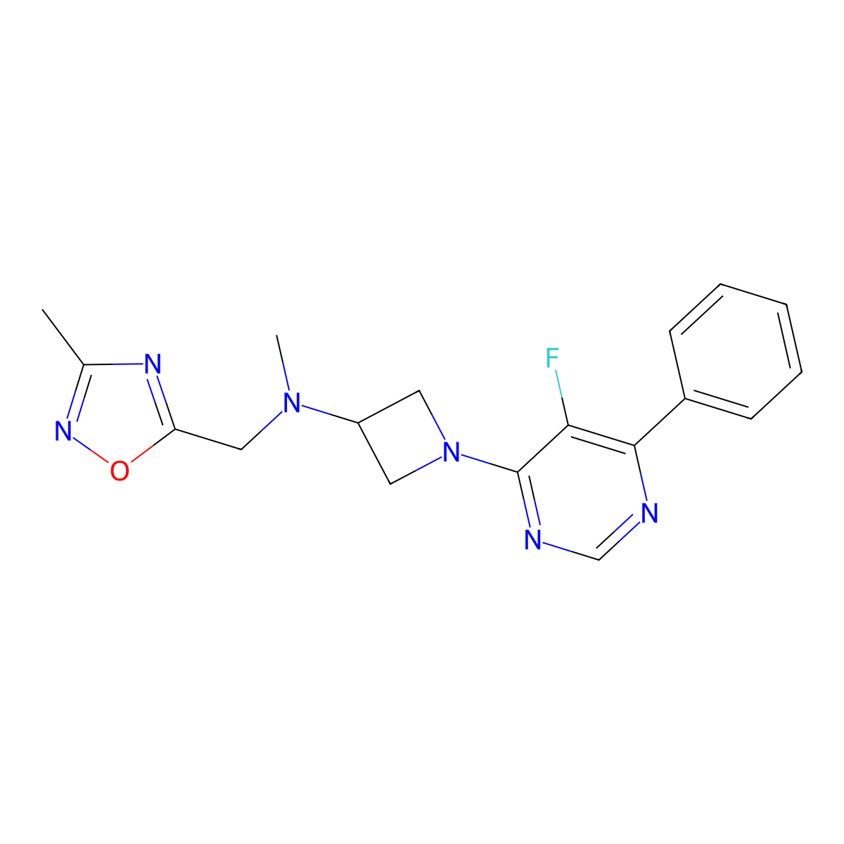 1-(5-Fluoro-6-phenylpyrimidin-4-yl)-N-methyl-N-[(3-methyl-1,2,4-oxadiazol-5-yl)methyl]azetidin-3-amine molecular structure, CAS 2380068-93-7