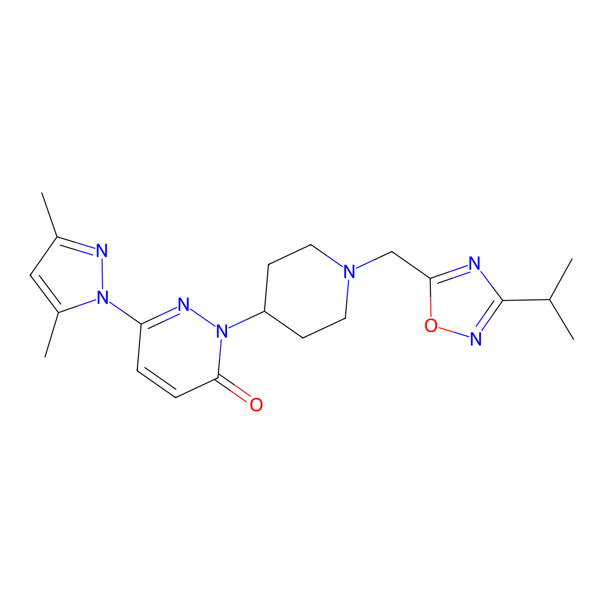 6-(3,5-dimethyl-1H-pyrazol-1-yl)-2-(1-{[3-(propan-2-yl)-1,2,4-oxadiazol-5-yl]methyl}piperidin-4-yl)-2,3-dihydropyridazin-3-one molecular structure, CAS 2380069-01-0