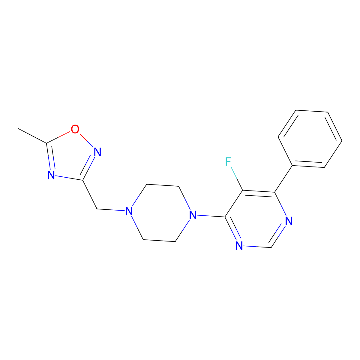 5-Fluoro-4-{4-[(5-methyl-1,2,4-oxadiazol-3-yl)methyl]piperazin-1-yl}-6-phenylpyrimidine molecular structure, CAS 2380069-15-6