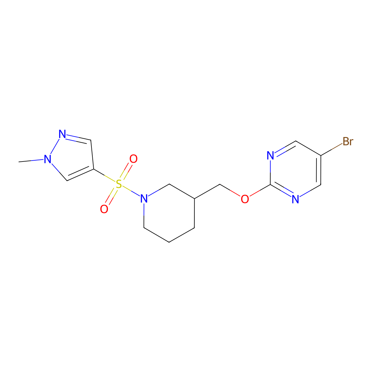 5-bromo-2-({1-[(1-methyl-1H-pyrazol-4-yl)sulfonyl]piperidin-3-yl}methoxy)pyrimidine molecular structure, CAS 2380069-17-8