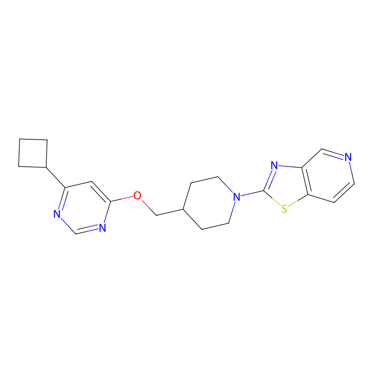 4-Cyclobutyl-6-[(1-{[1,3]thiazolo[4,5-c]pyridin-2-yl}piperidin-4-yl)methoxy]pyrimidine molecular structure, CAS 2380069-31-6