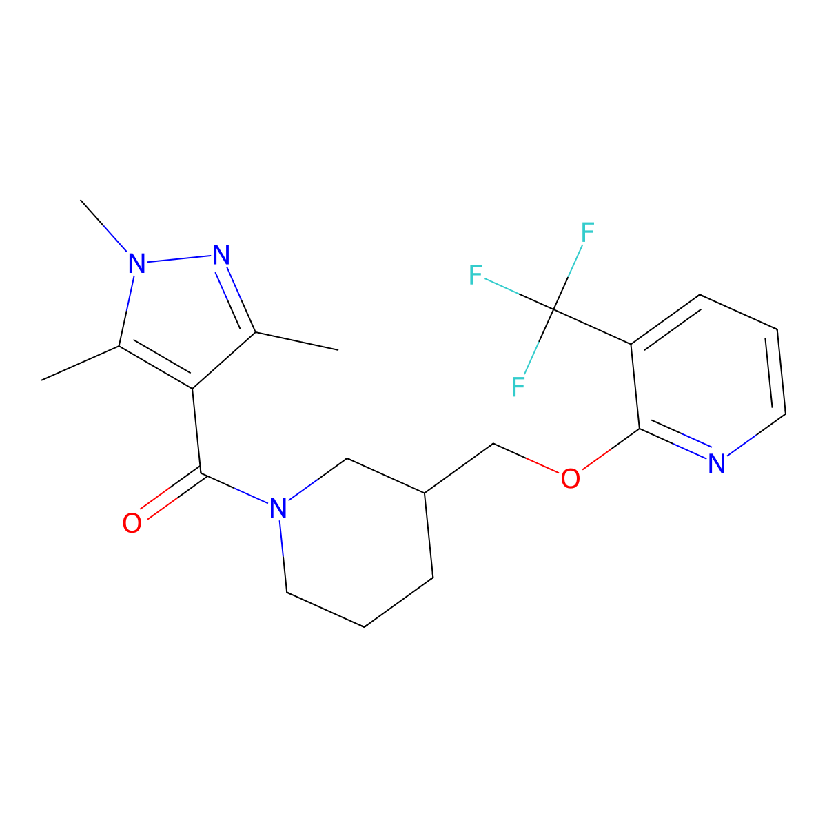 3-(trifluoromethyl)-2-{[1-(1,3,5-trimethyl-1H-pyrazole-4-carbonyl)piperidin-3-yl]methoxy}pyridine molecular structure, CAS 2380069-53-2