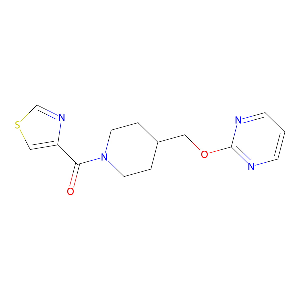 2-{[1-(1,3-Thiazole-4-carbonyl)piperidin-4-yl]methoxy}pyrimidine molecular structure, CAS 2380069-77-0