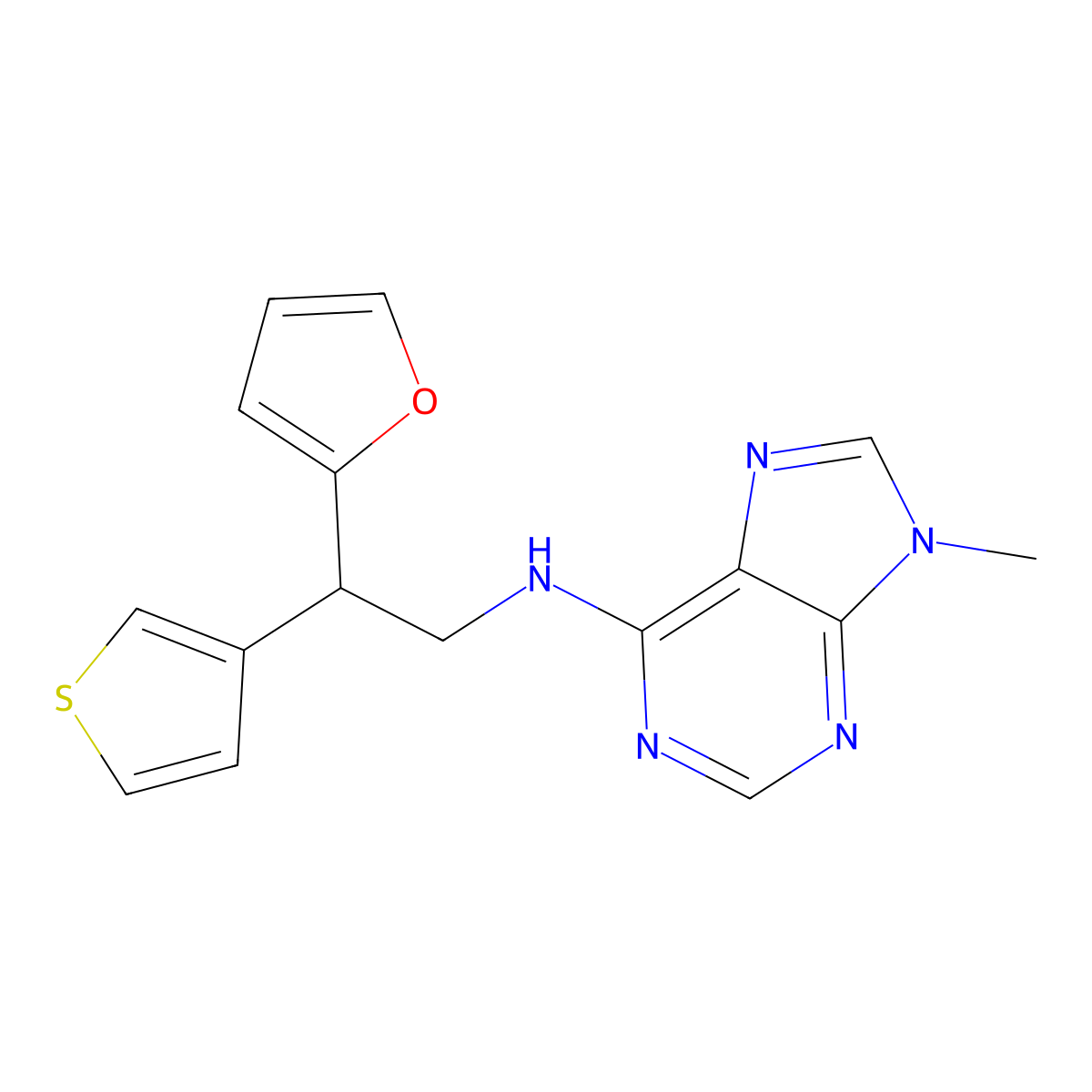 N-[2-(furan-2-yl)-2-(thiophen-3-yl)ethyl]-9-methyl-9H-purin-6-amine molecular structure, CAS 2380069-78-1