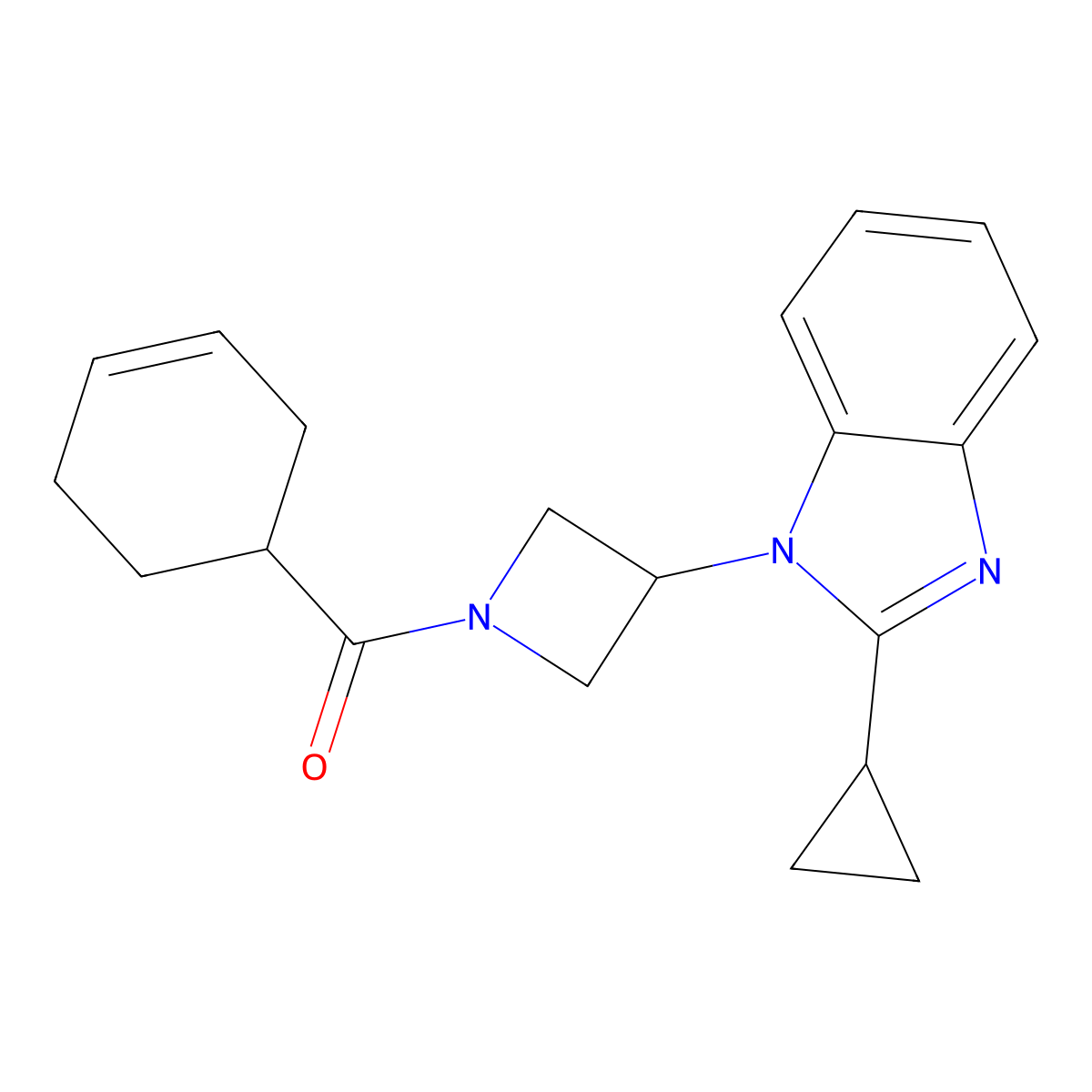 1-[1-(cyclohex-3-ene-1-carbonyl)azetidin-3-yl]-2-cyclopropyl-1H-1,3-benzodiazole molecular structure, CAS 2380069-86-1
