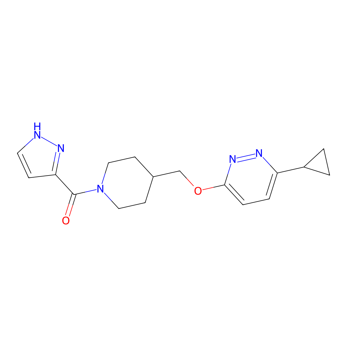 3-cyclopropyl-6-{[1-(1H-pyrazole-3-carbonyl)piperidin-4-yl]methoxy}pyridazine molecular structure, CAS 2380069-87-2