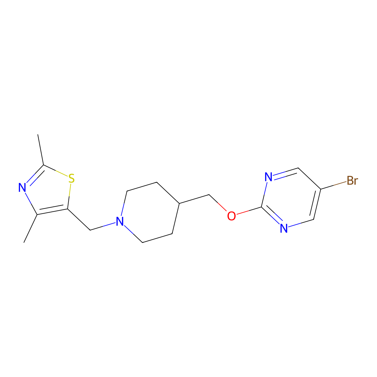 5-Bromo-2-({1-[(2,4-dimethyl-1,3-thiazol-5-yl)methyl]piperidin-4-yl}methoxy)pyrimidine molecular structure, CAS 2380069-95-2
