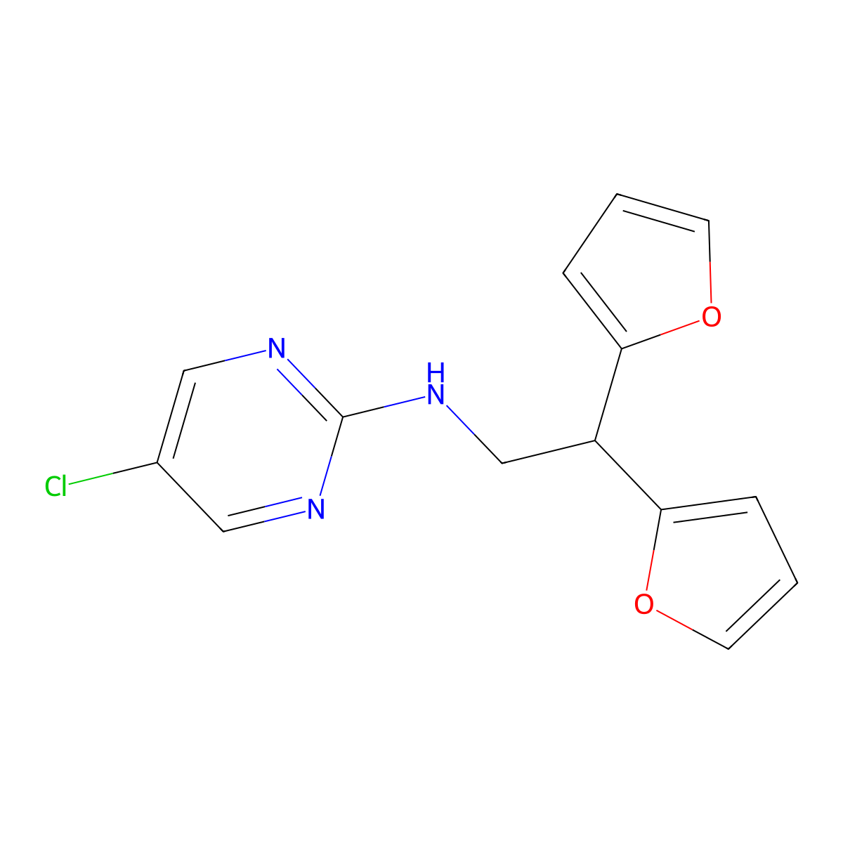 N-[2,2-Bis(furan-2-yl)ethyl]-5-chloropyrimidin-2-amine molecular structure, CAS 2380070-01-7