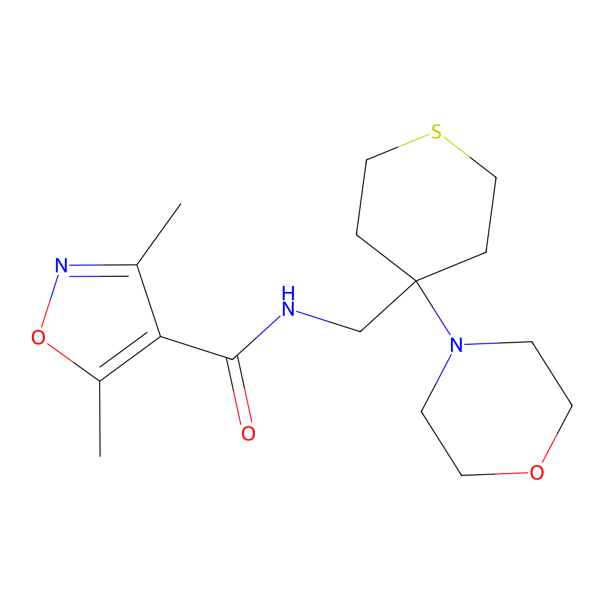 3,5-dimethyl-N-{[4-(morpholin-4-yl)thian-4-yl]methyl}-1,2-oxazole-4-carboxamide molecular structure, CAS 2380070-09-5