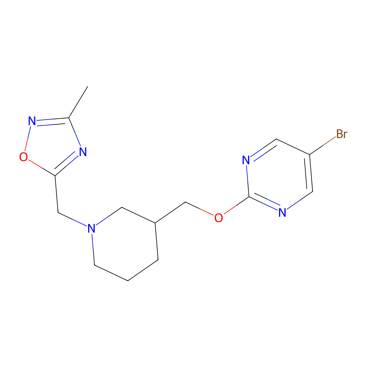 5-Bromo-2-({1-[(3-methyl-1,2,4-oxadiazol-5-yl)methyl]piperidin-3-yl}methoxy)pyrimidine molecular structure, CAS 2380070-17-5