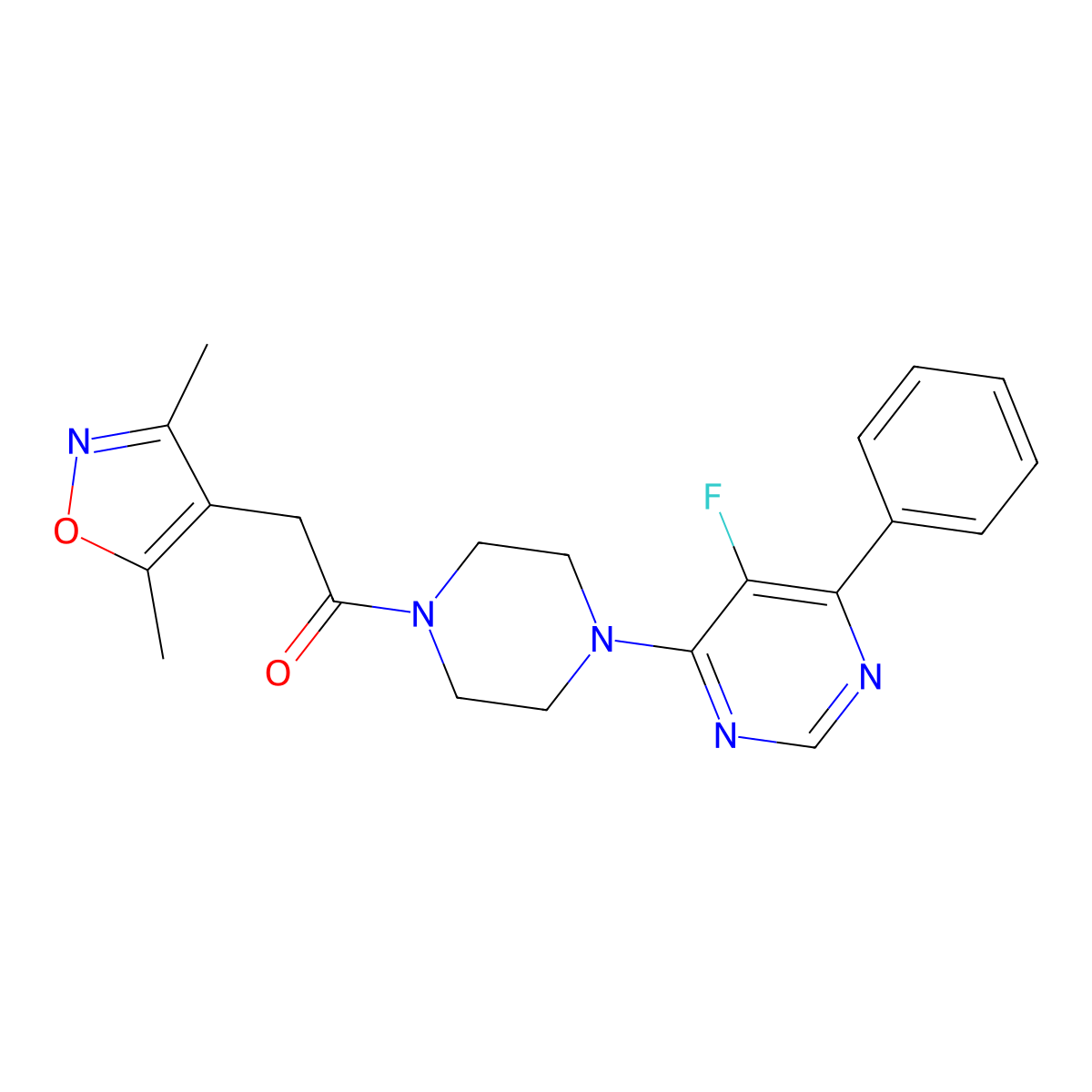 2-(3,5-Dimethyl-1,2-oxazol-4-yl)-1-[4-(5-fluoro-6-phenylpyrimidin-4-yl)piperazin-1-yl]ethan-1-one molecular structure, CAS 2380070-18-6