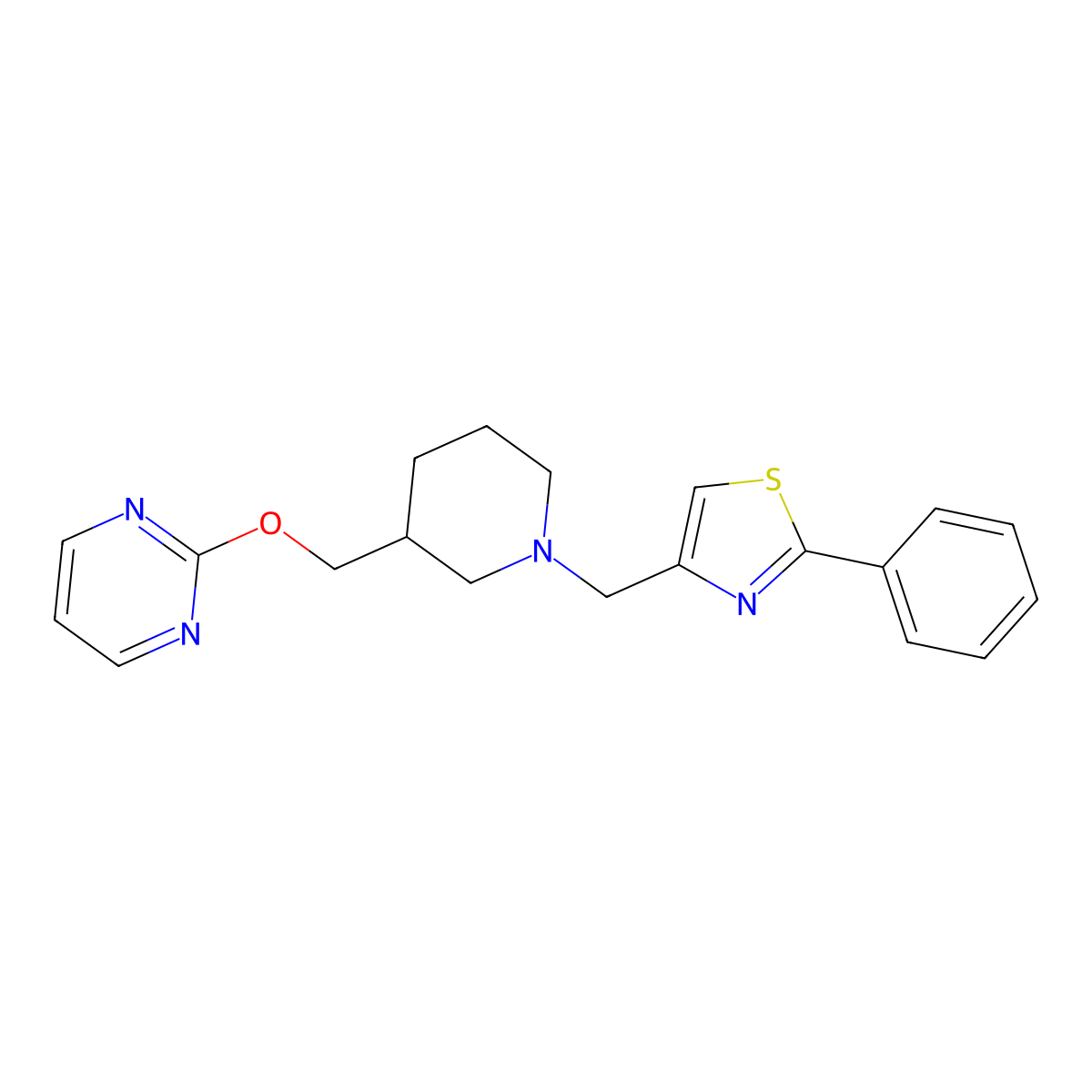 2-({1-[(2-Phenyl-1,3-thiazol-4-yl)methyl]piperidin-3-yl}methoxy)pyrimidine molecular structure, CAS 2380070-21-1