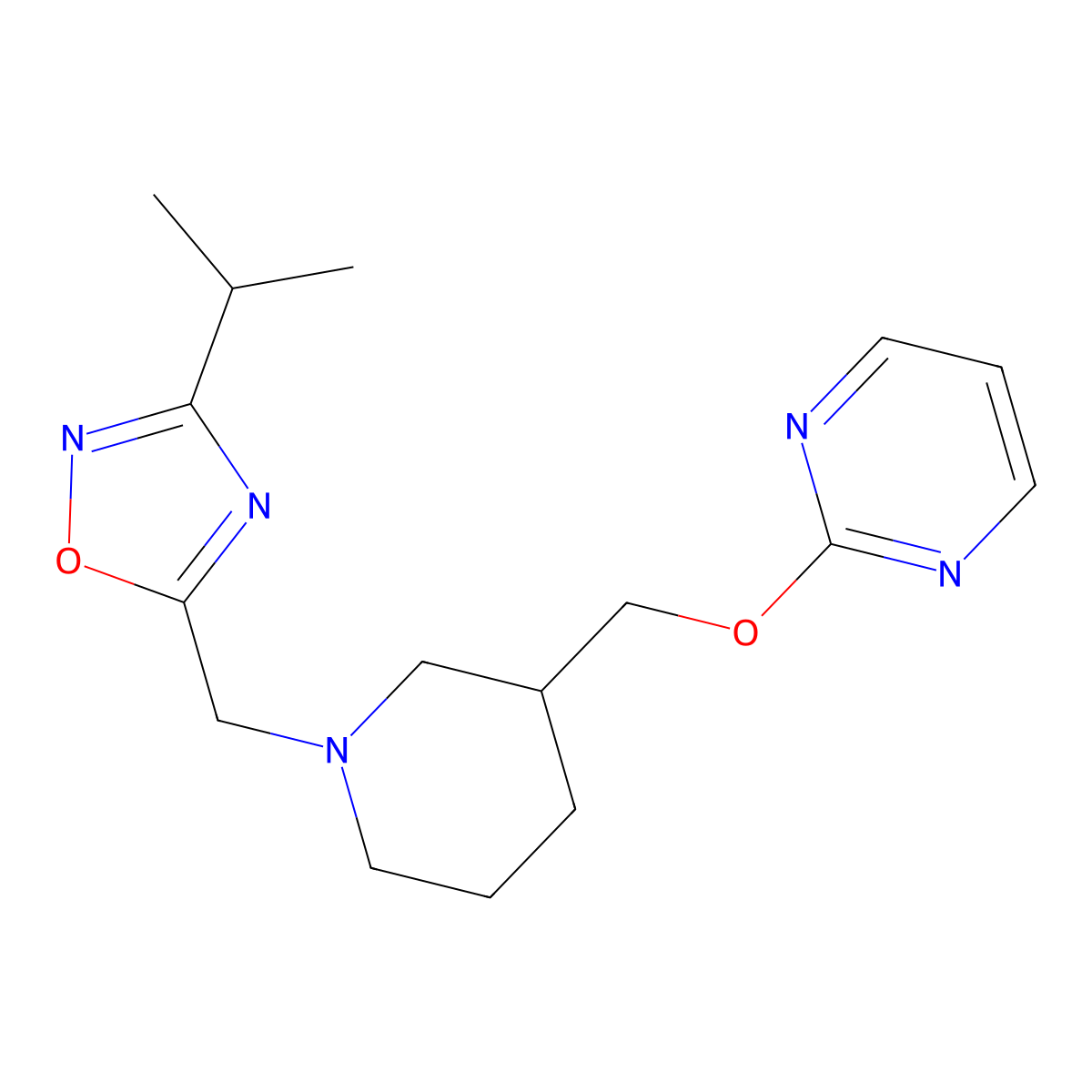 2-[(1-{[3-(Propan-2-yl)-1,2,4-oxadiazol-5-yl]methyl}piperidin-3-yl)methoxy]pyrimidine molecular structure, CAS 2380070-26-6