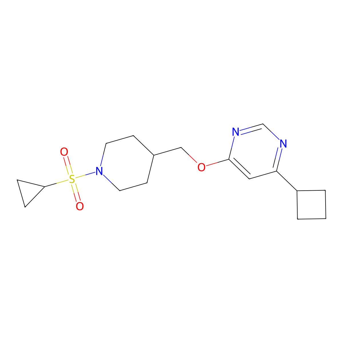 4-Cyclobutyl-6-{[1-(cyclopropanesulfonyl)piperidin-4-yl]methoxy}pyrimidine molecular structure, CAS 2380070-29-9