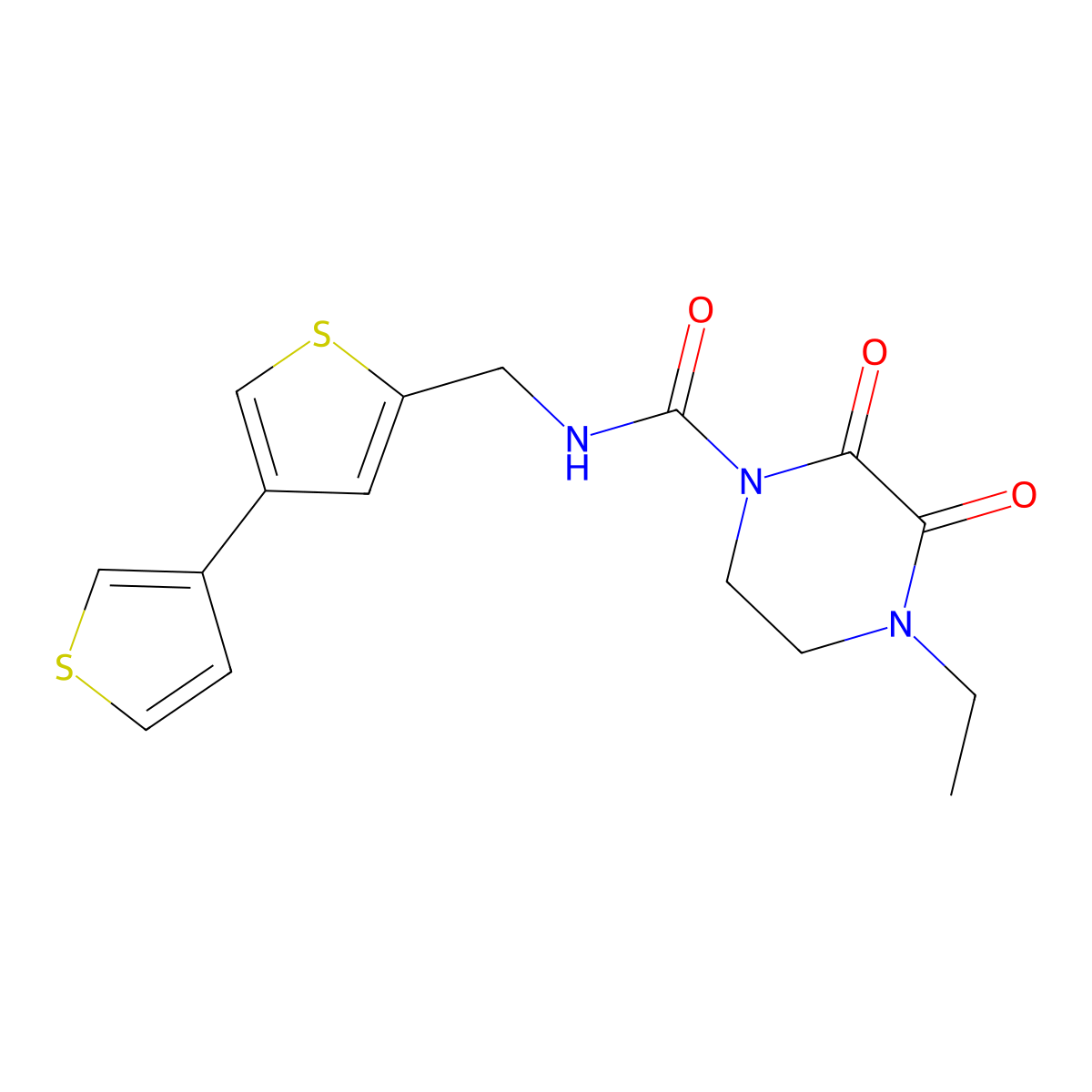 N-({[3,3'-bithiophene]-5-yl}methyl)-4-ethyl-2,3-dioxopiperazine-1-carboxamide molecular structure, CAS 2380070-30-2