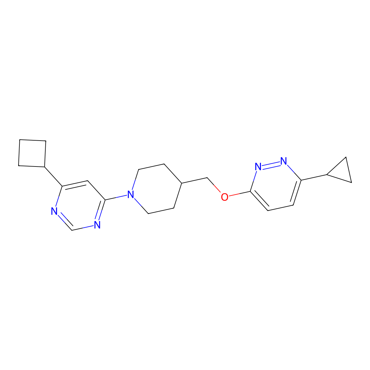 4-Cyclobutyl-6-(4-{[(6-cyclopropylpyridazin-3-yl)oxy]methyl}piperidin-1-yl)pyrimidine molecular structure, CAS 2380070-32-4