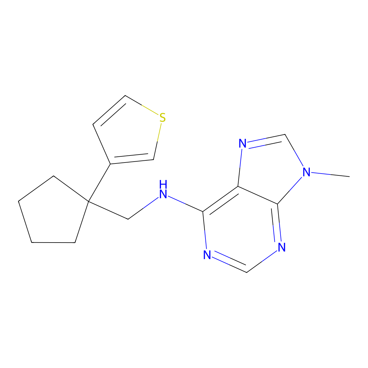 9-methyl-N-{[1-(thiophen-3-yl)cyclopentyl]methyl}-9H-purin-6-amine molecular structure, CAS 2380070-39-1