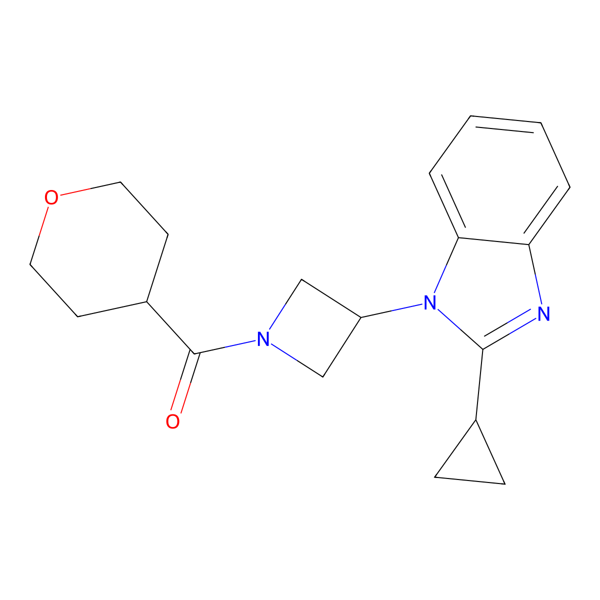 2-cyclopropyl-1-[1-(oxane-4-carbonyl)azetidin-3-yl]-1H-1,3-benzodiazole molecular structure, CAS 2380070-71-1