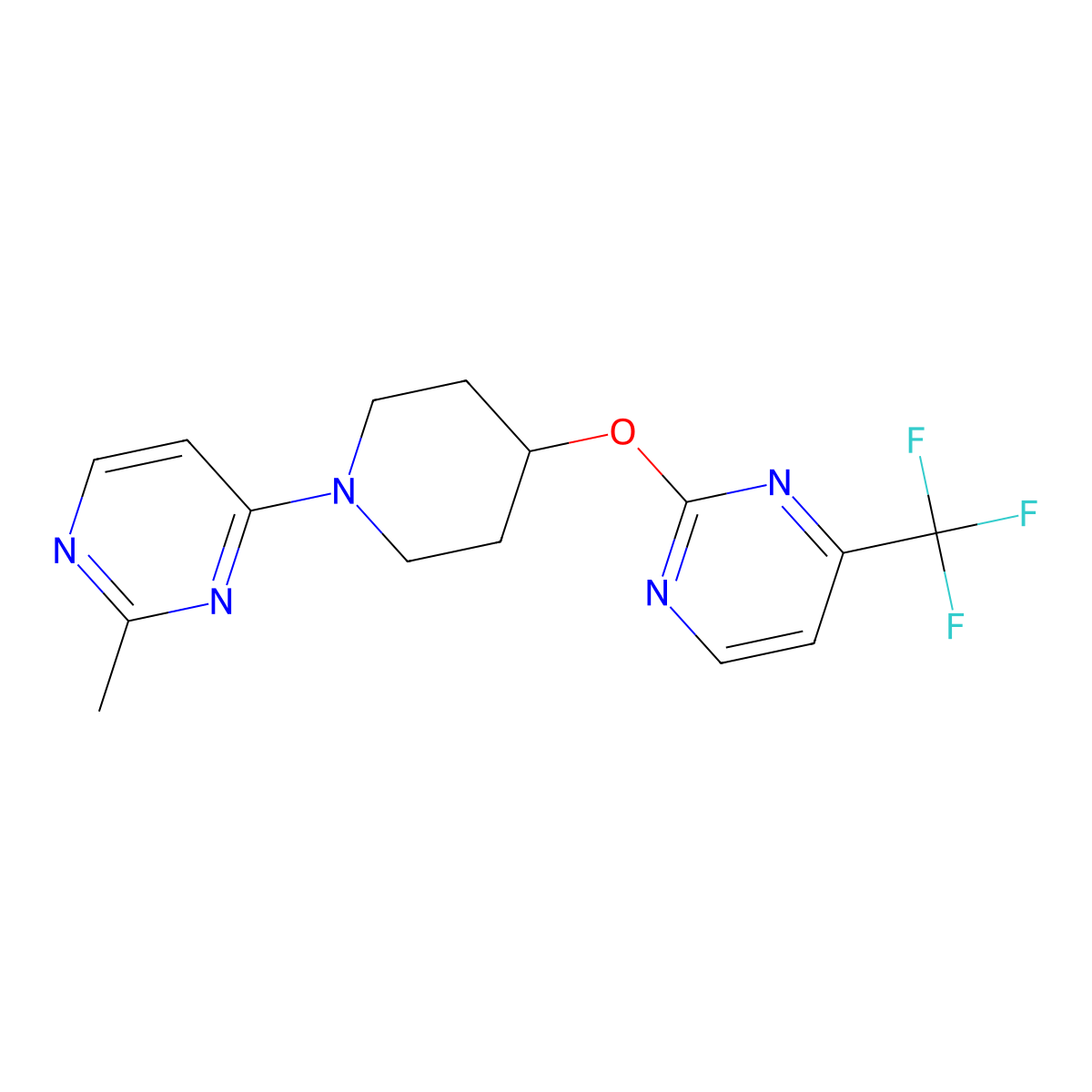 2-Methyl-4-(4-{[4-(trifluoromethyl)pyrimidin-2-yl]oxy}piperidin-1-yl)pyrimidine molecular structure, CAS 2380070-91-5