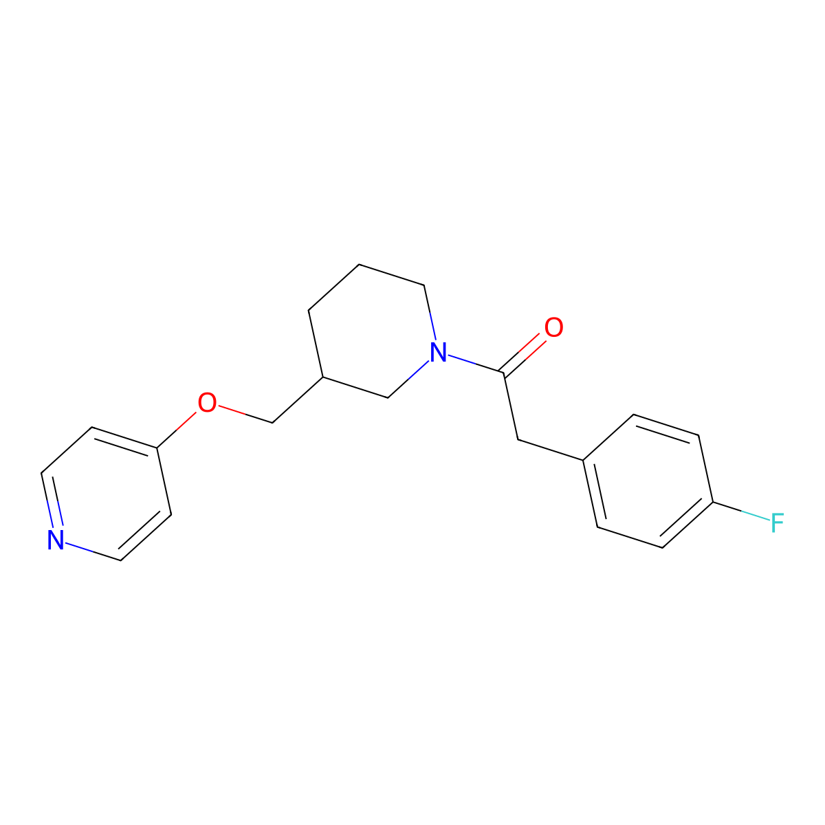 2-(4-Fluorophenyl)-1-{3-[(pyridin-4-yloxy)methyl]piperidin-1-yl}ethan-1-one molecular structure, CAS 2380070-98-2