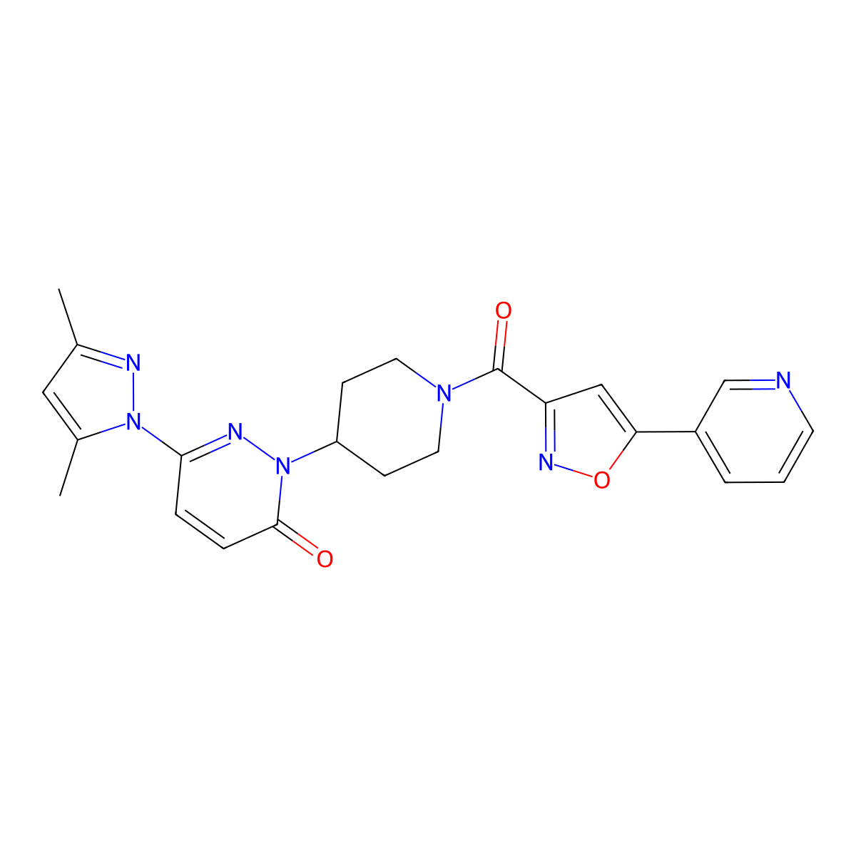 6-(3,5-dimethyl-1H-pyrazol-1-yl)-2-{1-[5-(pyridin-3-yl)-1,2-oxazole-3-carbonyl]piperidin-4-yl}-2,3-dihydropyridazin-3-one molecular structure, CAS 2380071-18-9