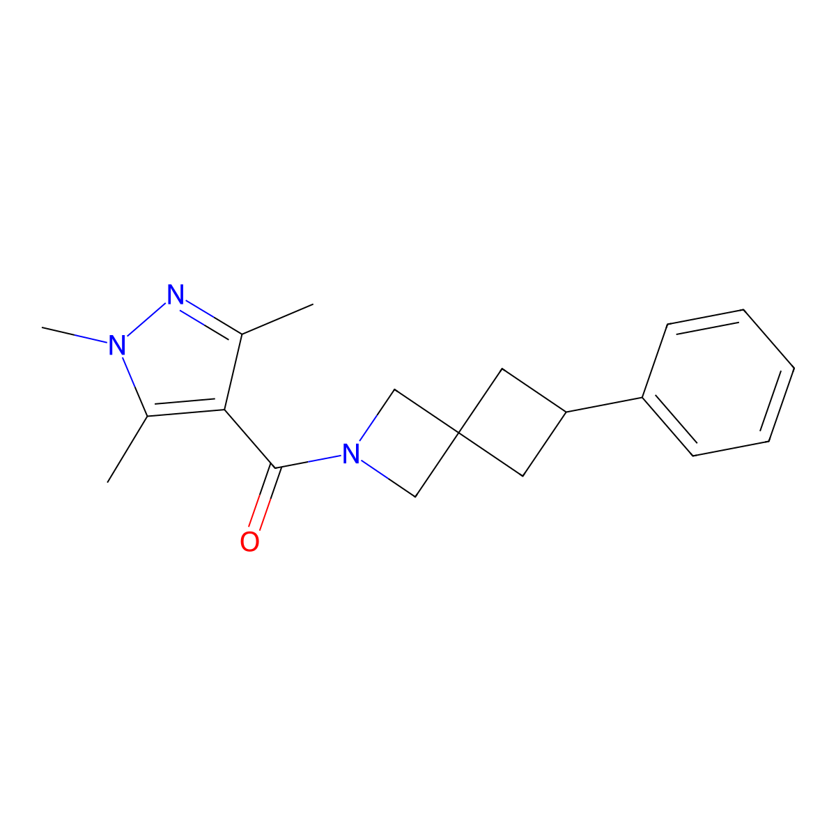 6-phenyl-2-(1,3,5-trimethyl-1H-pyrazole-4-carbonyl)-2-azaspiro[3.3]heptane molecular structure, CAS 2380071-29-2