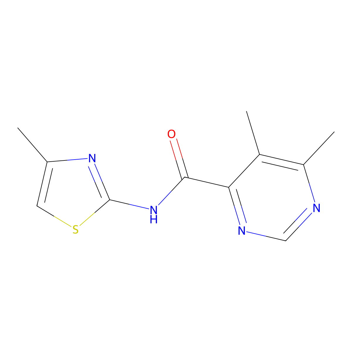 5,6-Dimethyl-N-(4-methyl-1,3-thiazol-2-yl)pyrimidine-4-carboxamide molecular structure, CAS 2380071-42-9