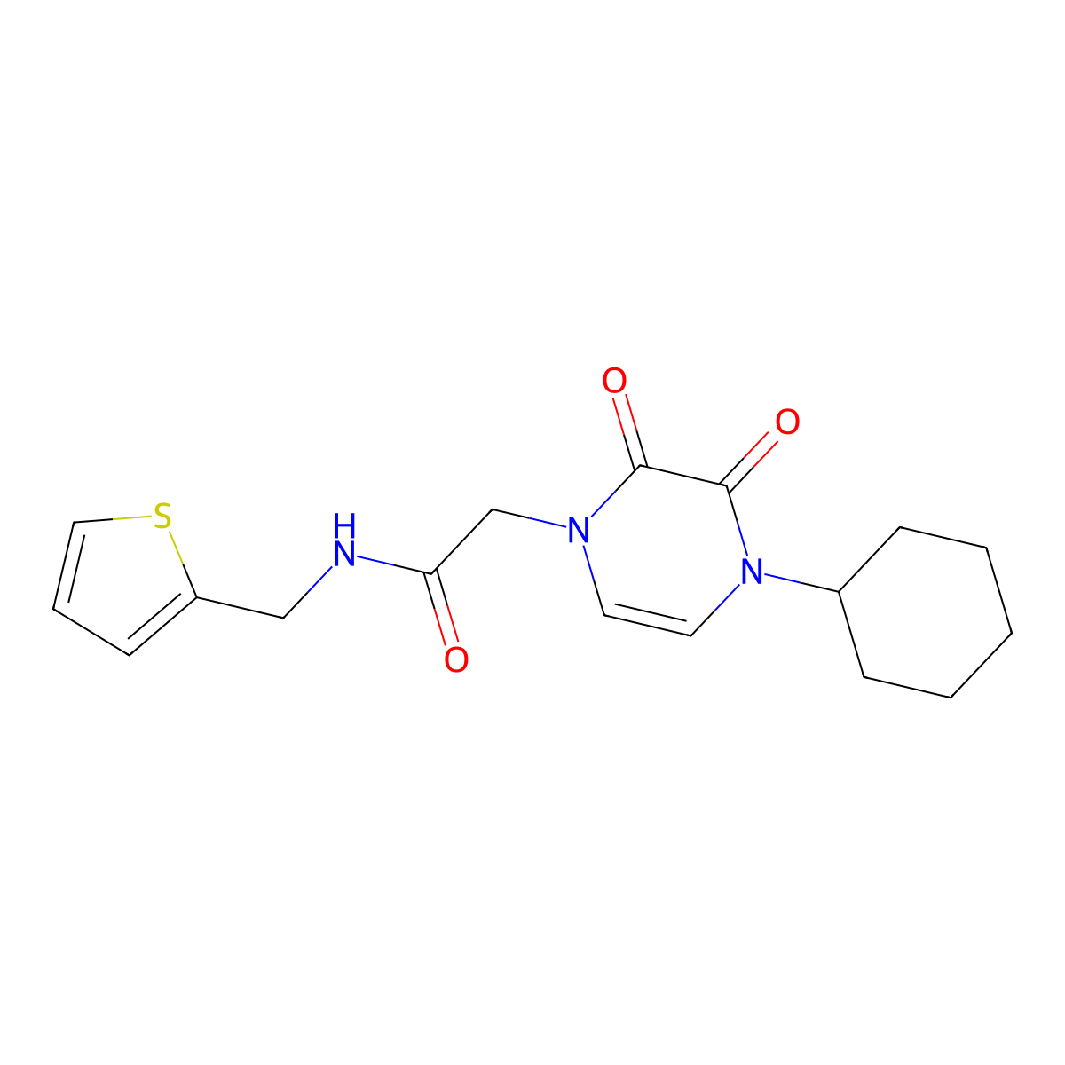 2-(4-cyclohexyl-2,3-dioxo-1,2,3,4-tetrahydropyrazin-1-yl)-N-[(thiophen-2-yl)methyl]acetamide molecular structure, CAS 2380071-71-4
