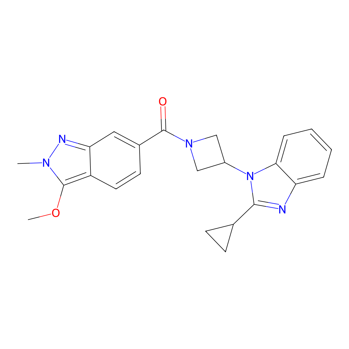 2-cyclopropyl-1-[1-(3-methoxy-2-methyl-2H-indazole-6-carbonyl)azetidin-3-yl]-1H-1,3-benzodiazole molecular structure, CAS 2380071-77-0