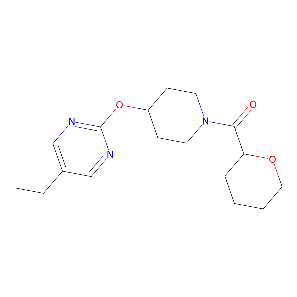 5-Ethyl-2-{[1-(oxane-2-carbonyl)piperidin-4-yl]oxy}pyrimidine molecular structure, CAS 2380071-82-7