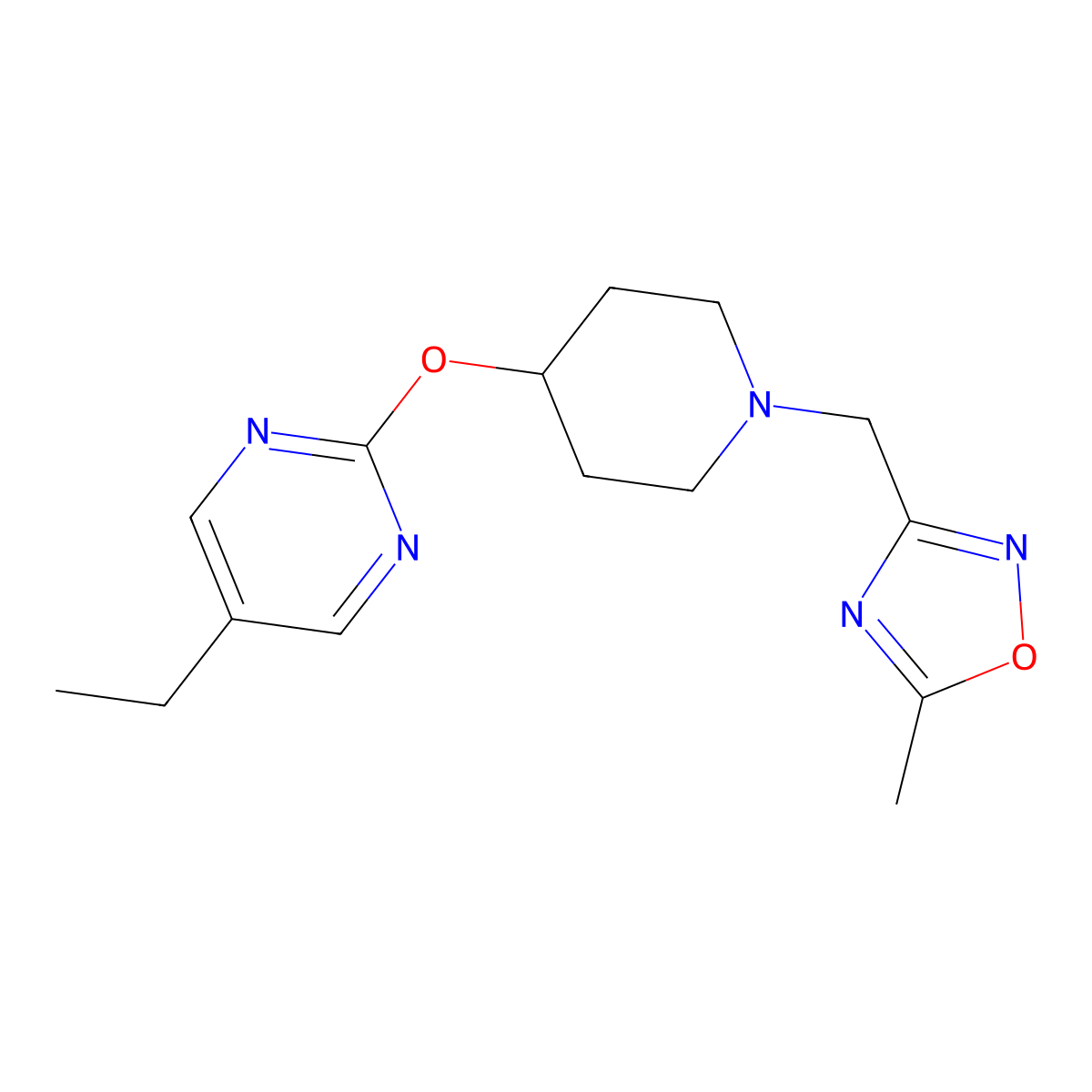 5-Ethyl-2-({1-[(5-methyl-1,2,4-oxadiazol-3-yl)methyl]piperidin-4-yl}oxy)pyrimidine molecular structure, CAS 2380071-97-4