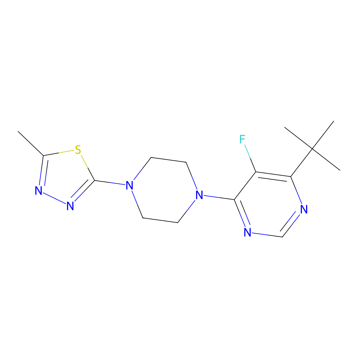 4-Tert-butyl-5-fluoro-6-[4-(5-methyl-1,3,4-thiadiazol-2-yl)piperazin-1-yl]pyrimidine molecular structure, CAS 2380072-11-5
