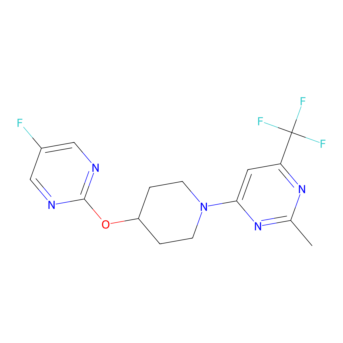 4-{4-[(5-Fluoropyrimidin-2-yl)oxy]piperidin-1-yl}-2-methyl-6-(trifluoromethyl)pyrimidine molecular structure, CAS 2380072-15-9