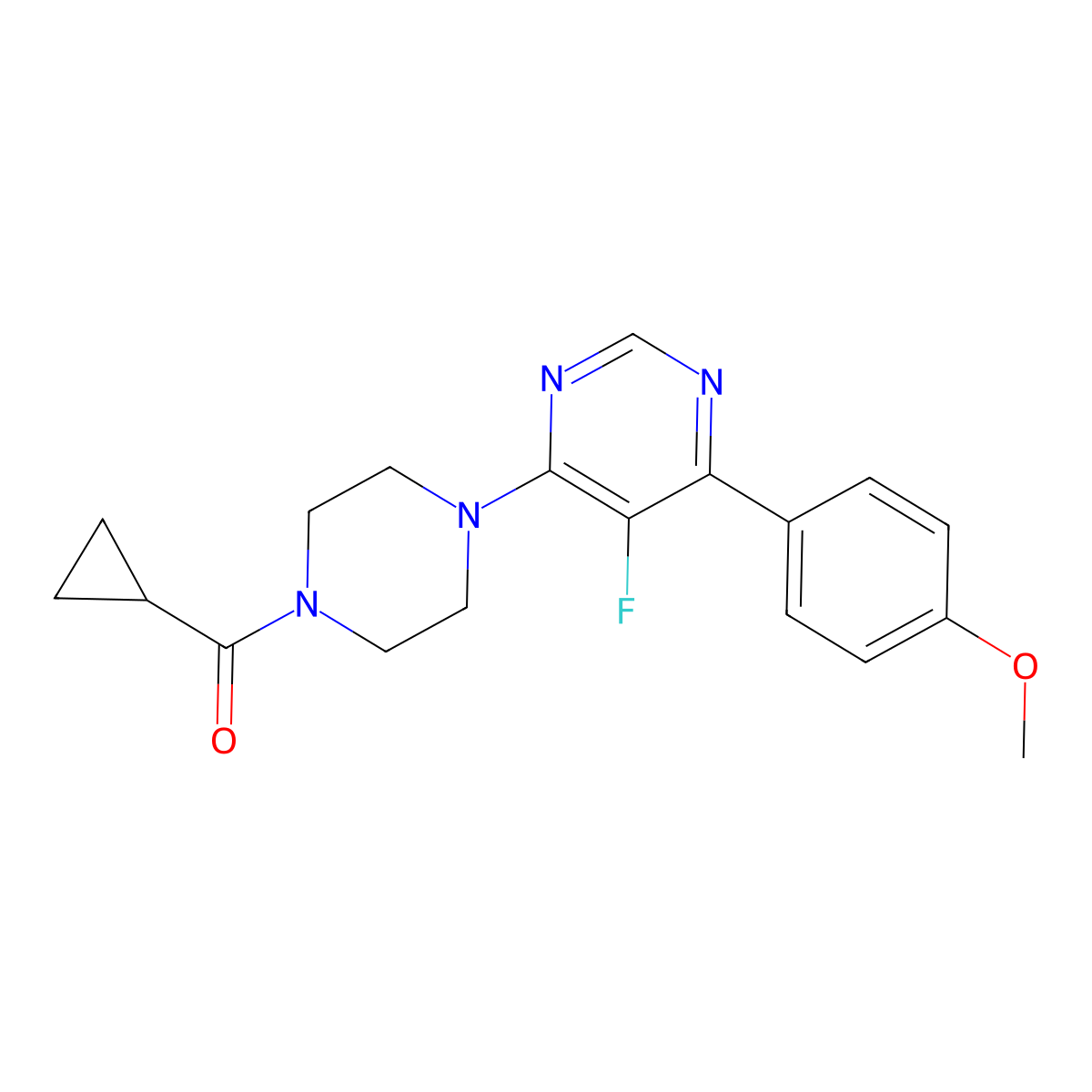 4-(4-Cyclopropanecarbonylpiperazin-1-yl)-5-fluoro-6-(4-methoxyphenyl)pyrimidine molecular structure, CAS 2380077-56-3