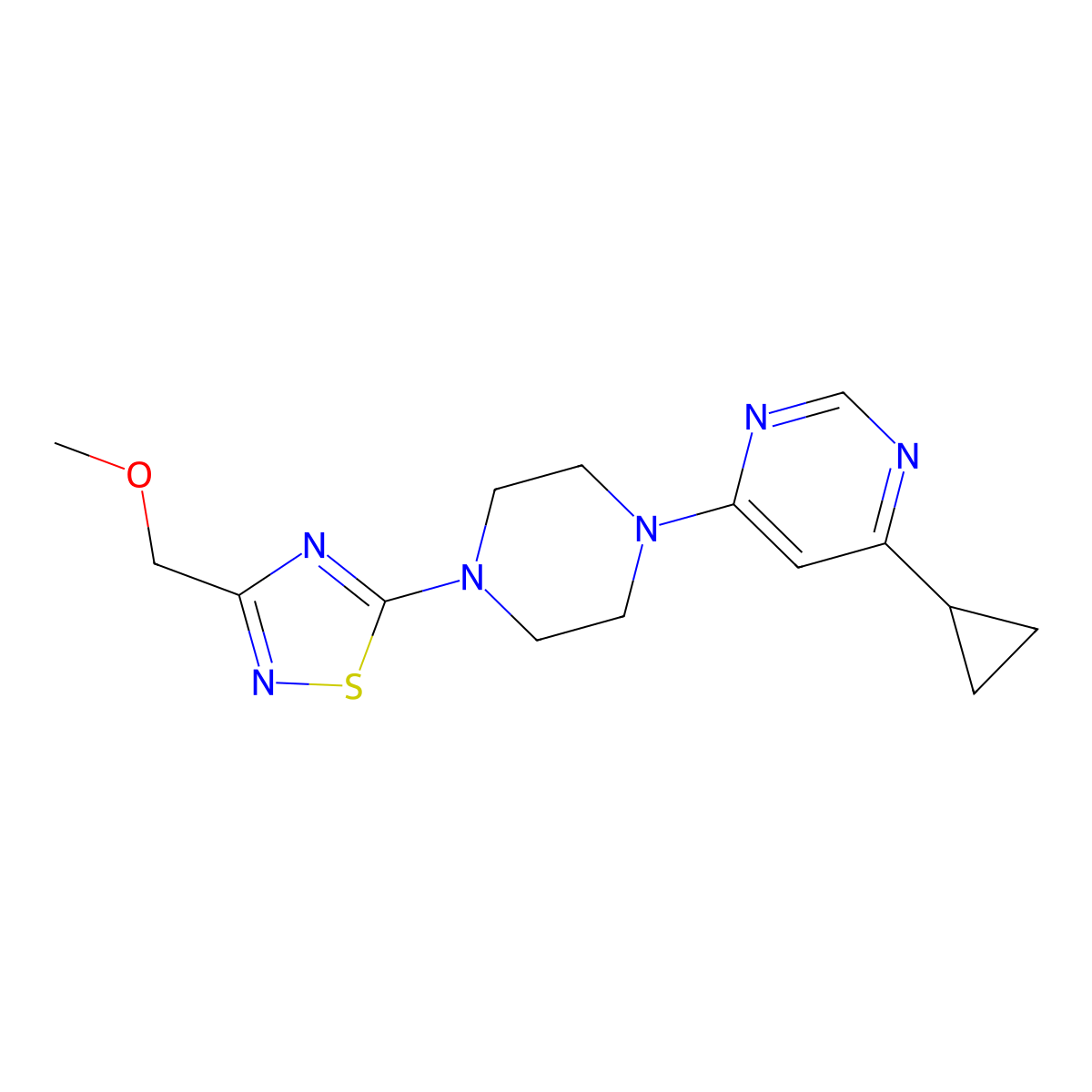 4-Cyclopropyl-6-{4-[3-(methoxymethyl)-1,2,4-thiadiazol-5-yl]piperazin-1-yl}pyrimidine molecular structure, CAS 2380077-61-0