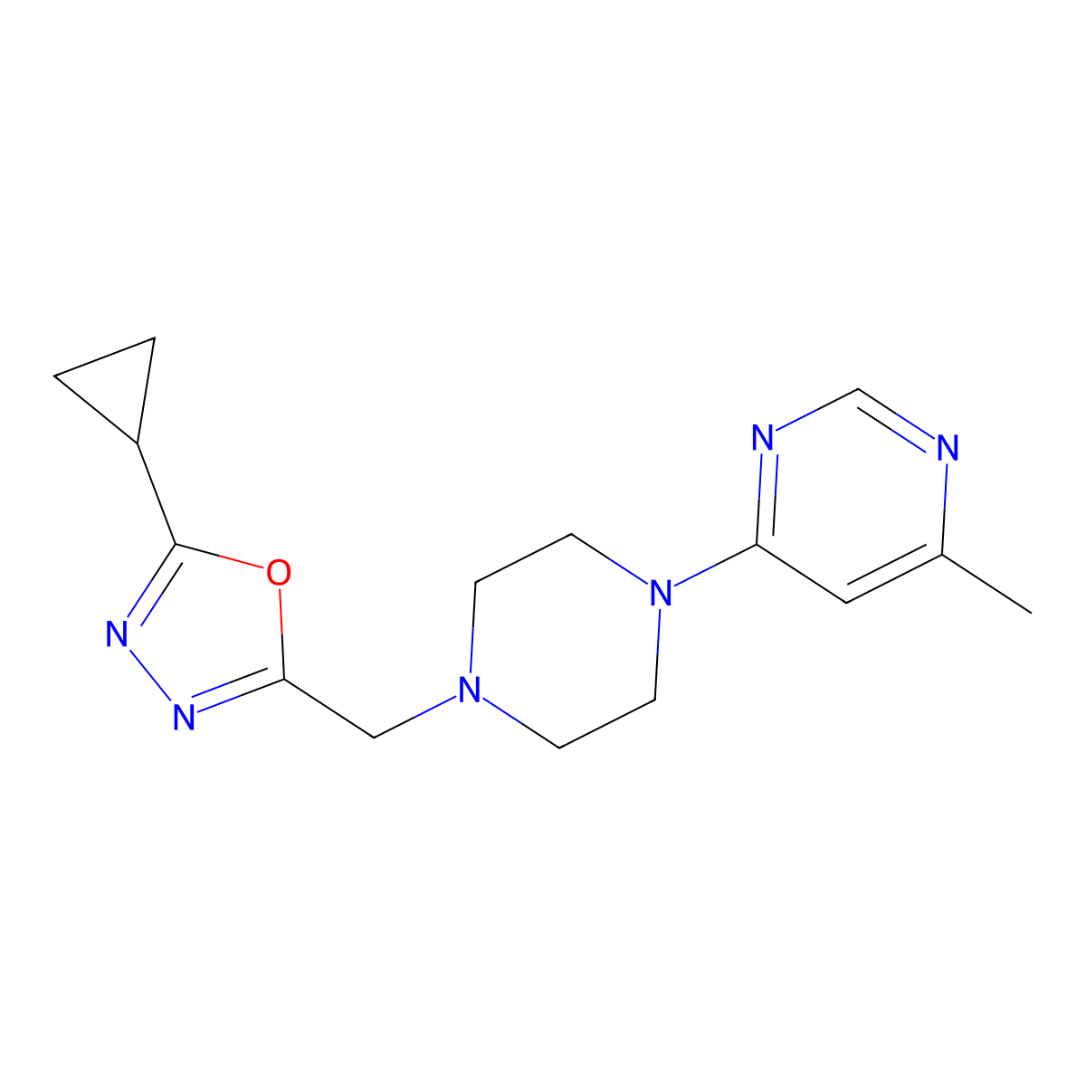 4-{4-[(5-Cyclopropyl-1,3,4-oxadiazol-2-yl)methyl]piperazin-1-yl}-6-methylpyrimidine molecular structure, CAS 2380077-74-5