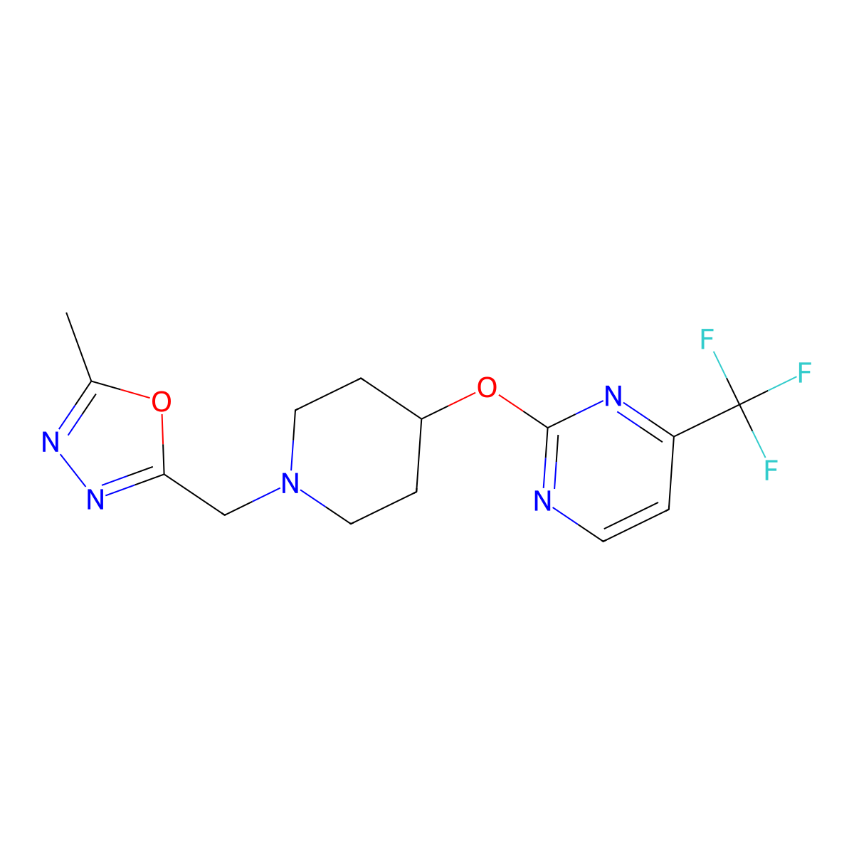 2-({1-[(5-Methyl-1,3,4-oxadiazol-2-yl)methyl]piperidin-4-yl}oxy)-4-(trifluoromethyl)pyrimidine molecular structure, CAS 2380077-76-7